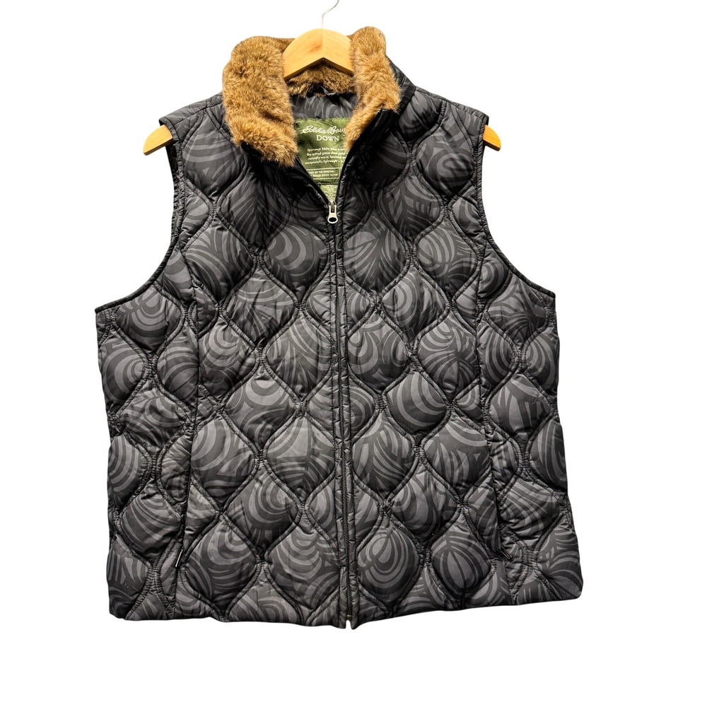 Eddie Bauer Puffer Vest Womens XL Quilted Faux Fur Trim Gray Swirl NO HOOD